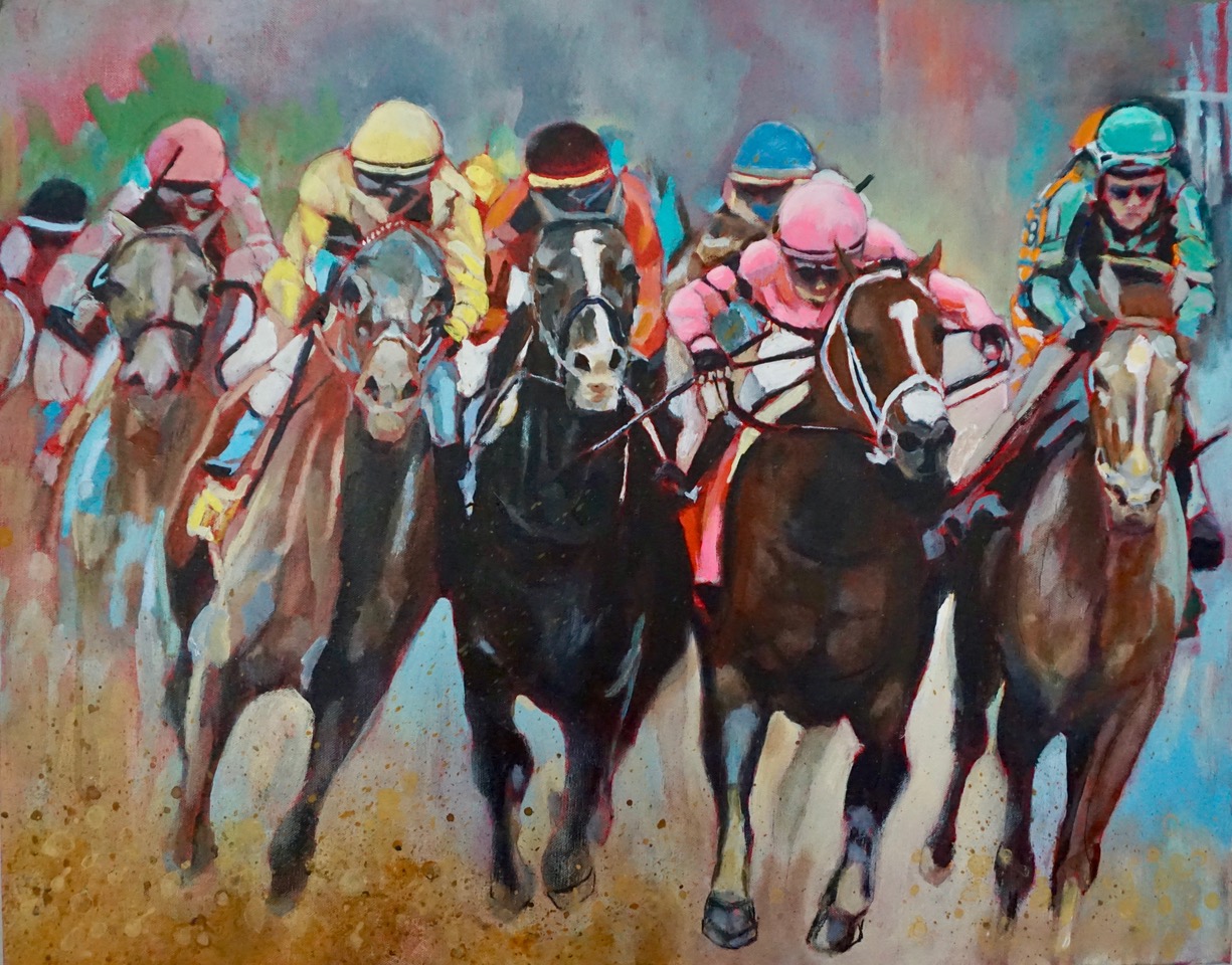 Painting of the racehorse Maximum Security running at the Kentucky Derby